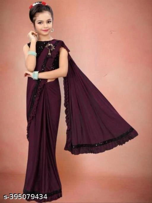 Lycra Solid Saree for Girls (Wine, 10-11 Years)